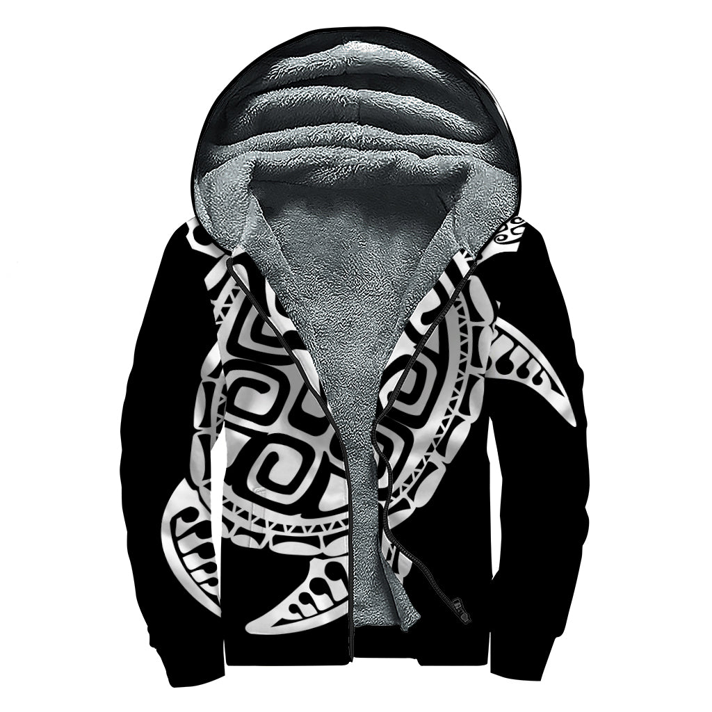 Black And White Maori Sea Turtle Print Sherpa Lined Zip Up Hoodie