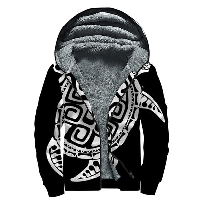 Black And White Maori Sea Turtle Print Sherpa Lined Zip Up Hoodie