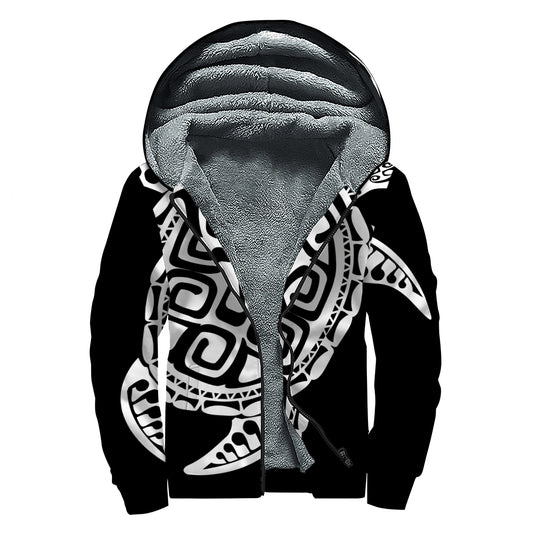 Black And White Maori Sea Turtle Print Sherpa Lined Zip Up Hoodie