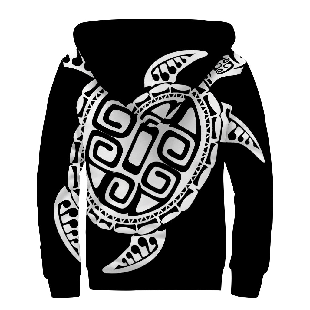 Black And White Maori Sea Turtle Print Sherpa Lined Zip Up Hoodie