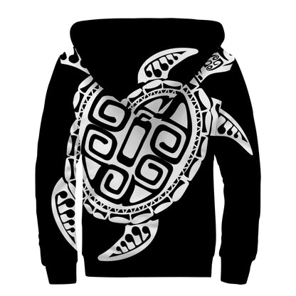 Black And White Maori Sea Turtle Print Sherpa Lined Zip Up Hoodie