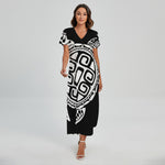 Black And White Maori Sea Turtle Print Short Sleeve Maxi Dress