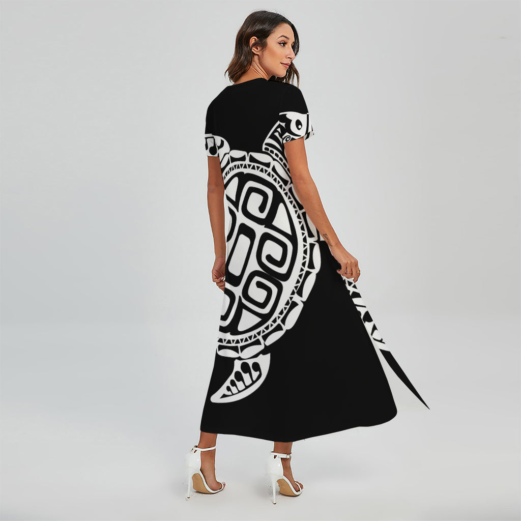 Black And White Maori Sea Turtle Print Short Sleeve Maxi Dress