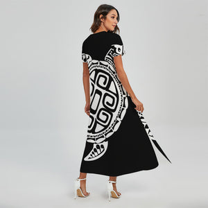 Black And White Maori Sea Turtle Print Short Sleeve Maxi Dress