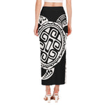 Black And White Maori Sea Turtle Print Side Slit Maxi Skirt