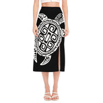 Black And White Maori Sea Turtle Print Side Slit Midi Skirt