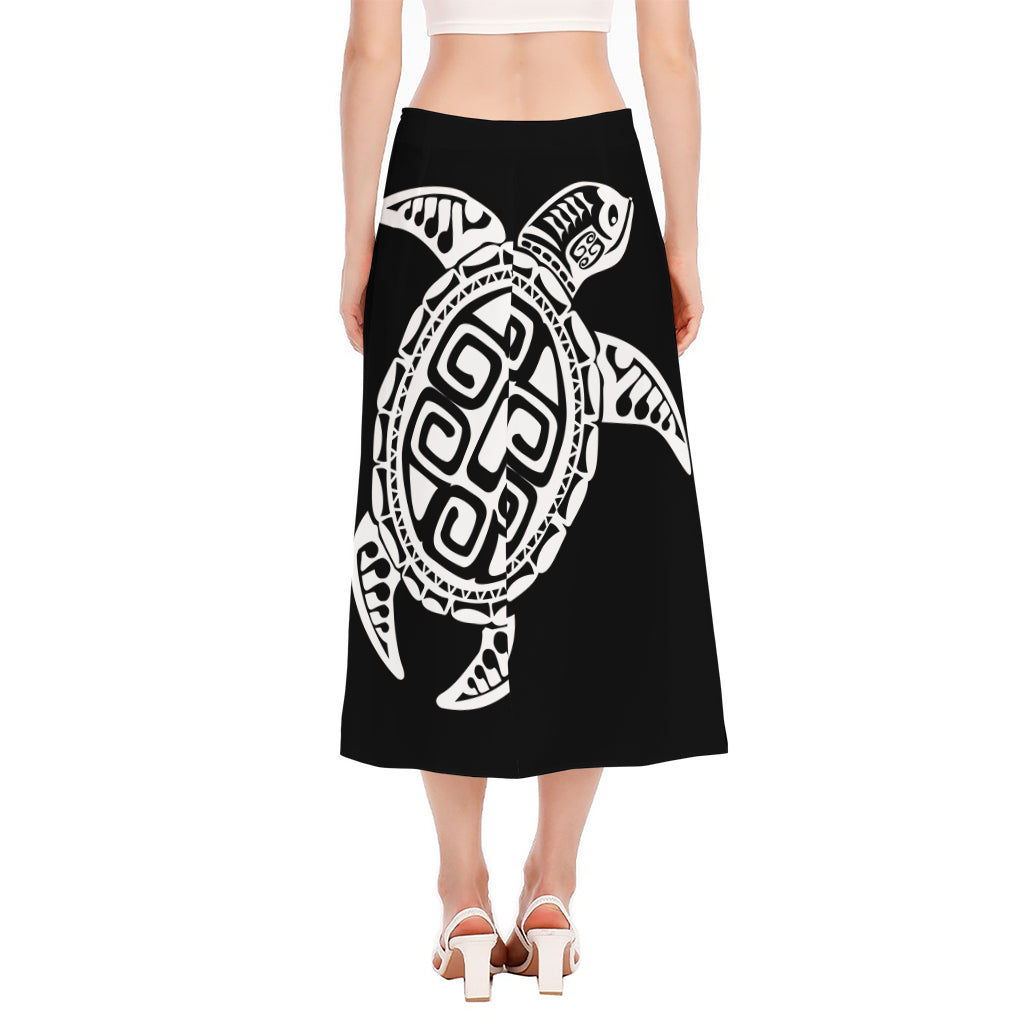 Black And White Maori Sea Turtle Print Side Slit Midi Skirt