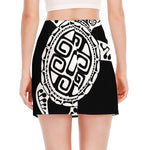 Black And White Maori Sea Turtle Print Side Slit Mini Skirt