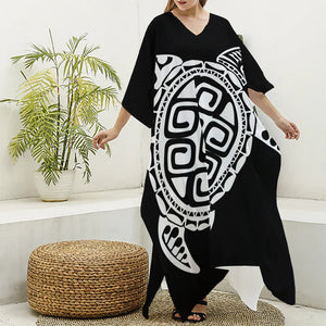 Black And White Maori Sea Turtle Print Silk V-Neck Kaftan Dress