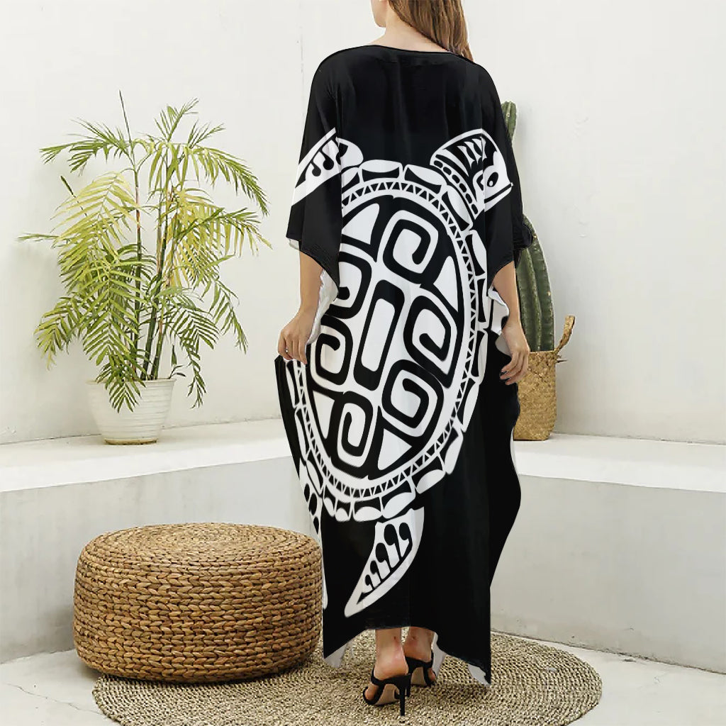 Black And White Maori Sea Turtle Print Silk V-Neck Kaftan Dress