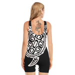 Black And White Maori Sea Turtle Print Sleeveless One Piece Swimsuit