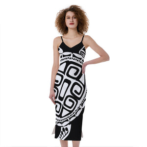 Black And White Maori Sea Turtle Print Slim Fit Midi Cami Dress