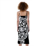 Black And White Maori Sea Turtle Print Slim Fit Midi Cami Dress