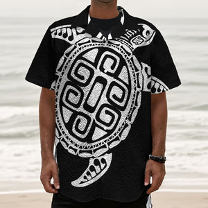 Black And White Maori Sea Turtle Print Textured Short Sleeve Shirt