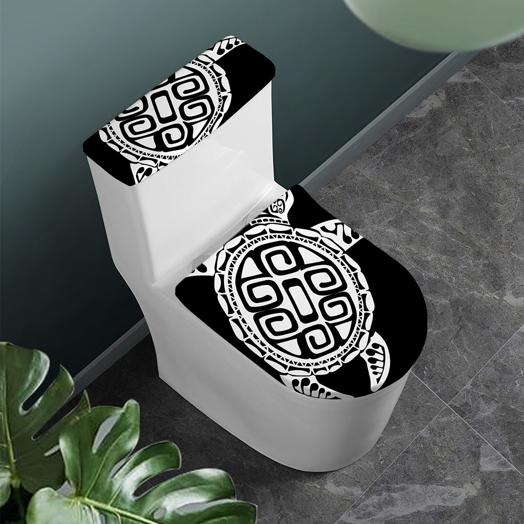 Black And White Maori Sea Turtle Print Toilet Lid And Tank Cover Set