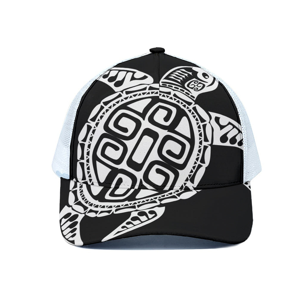 Black And White Maori Sea Turtle Print White Mesh Trucker Cap
