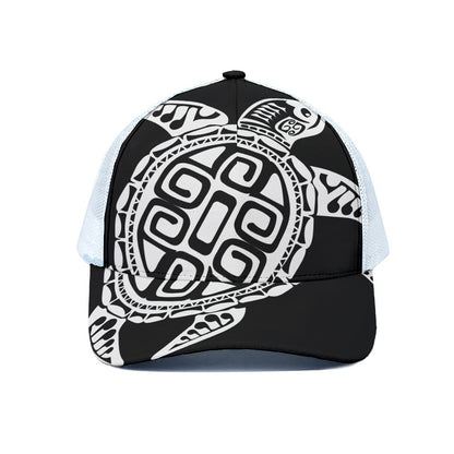 Black And White Maori Sea Turtle Print White Mesh Trucker Cap