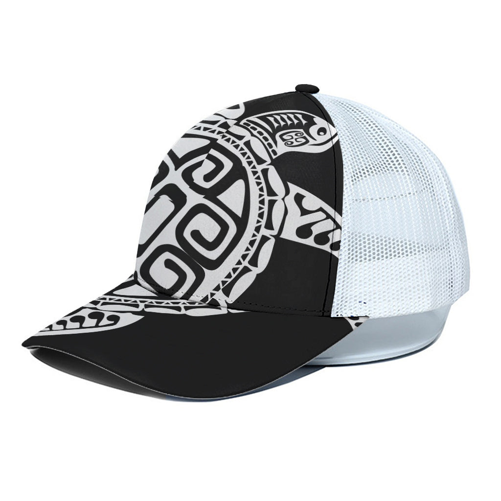 Black And White Maori Sea Turtle Print White Mesh Trucker Cap