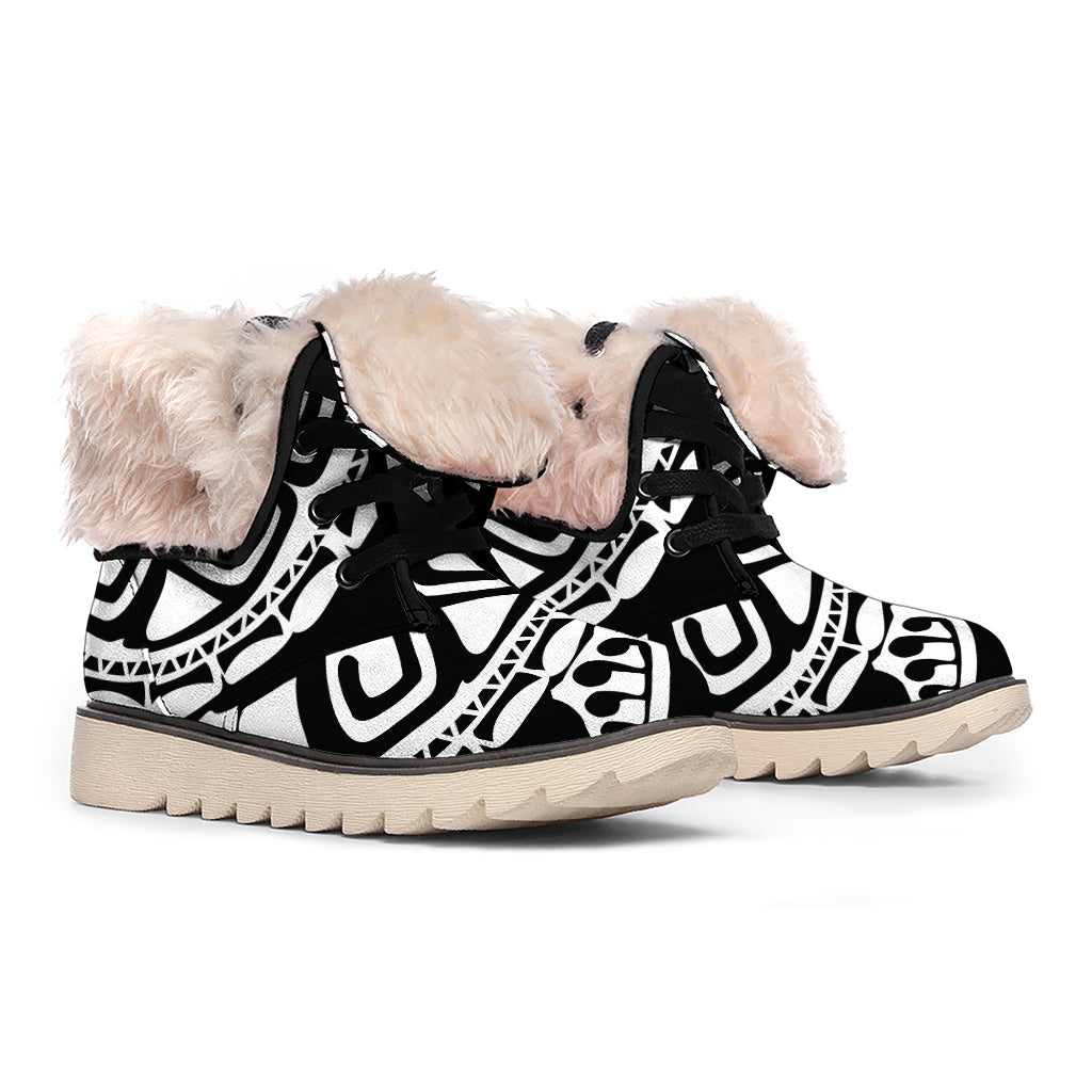 Black And White Maori Sea Turtle Print Winter Boots