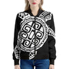 Black And White Maori Sea Turtle Print Women's Bomber Jacket