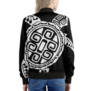 Black And White Maori Sea Turtle Print Women's Bomber Jacket