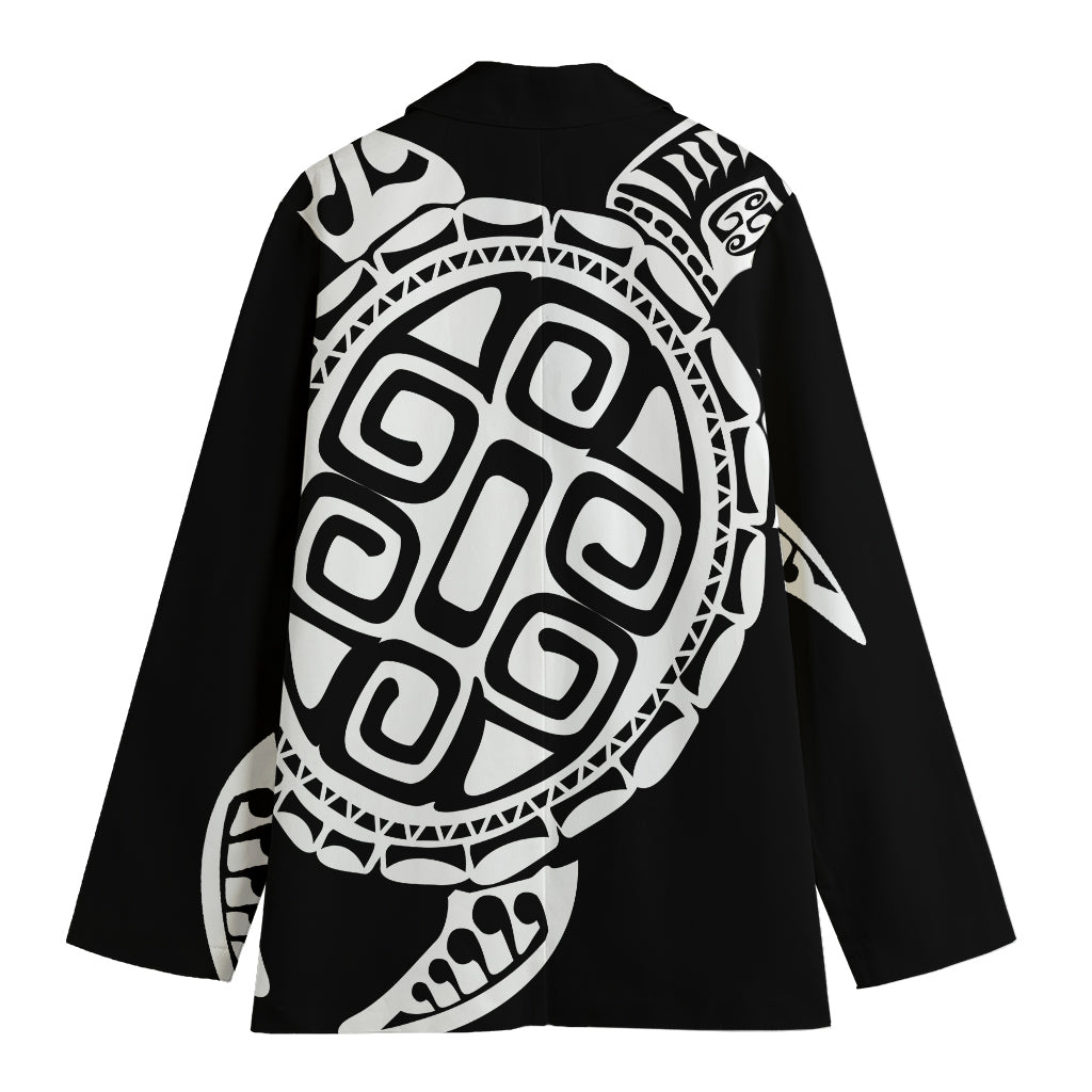 Black And White Maori Sea Turtle Print Women's Cotton Blazer