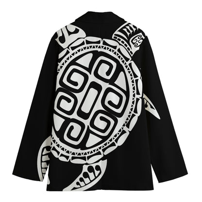 Black And White Maori Sea Turtle Print Women's Cotton Blazer