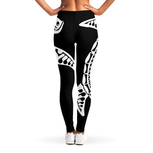 Black And White Maori Sea Turtle Print Women's Leggings