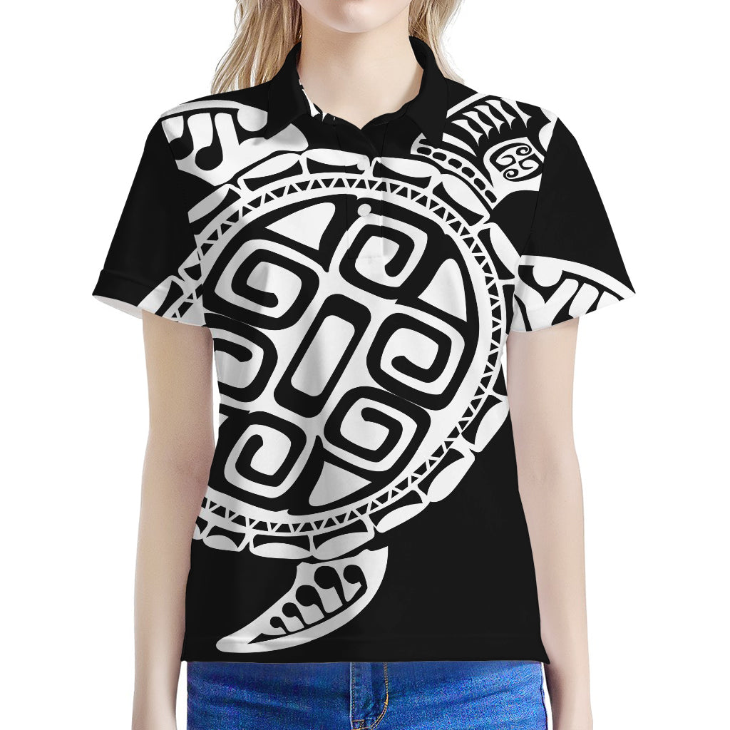 Black And White Maori Sea Turtle Print Women's Polo Shirt