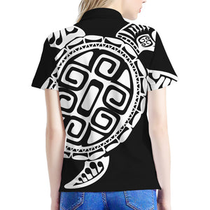 Black And White Maori Sea Turtle Print Women's Polo Shirt