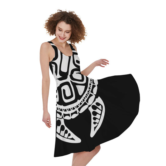Black And White Maori Sea Turtle Print Women's Sleeveless Dress