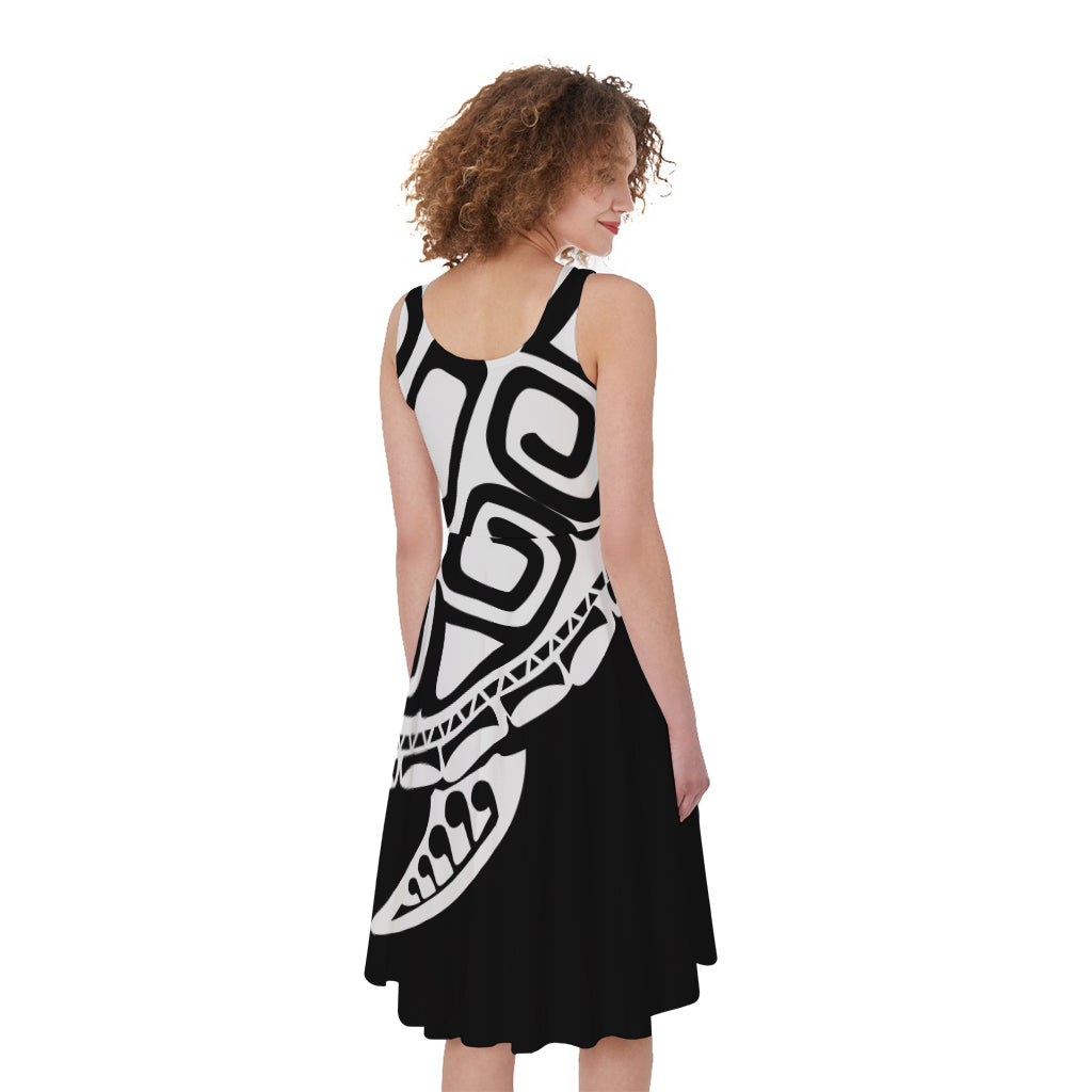 Black And White Maori Sea Turtle Print Women's Sleeveless Dress