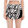 Black And White Maori Sea Turtle Print Women's Split Running Shorts