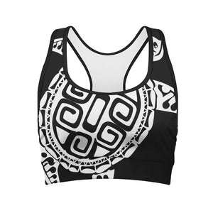 Black And White Maori Sea Turtle Print Women's Sports Bra