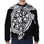 Black And White Maori Sea Turtle Print Zip Sleeve Bomber Jacket