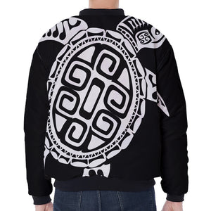 Black And White Maori Sea Turtle Print Zip Sleeve Bomber Jacket