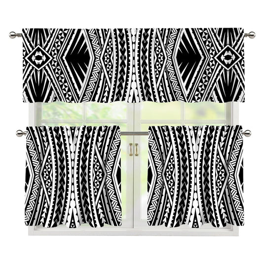 Black And White Maori Tattoo Print 3 Piece Kitchen Curtains