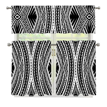 Black And White Maori Tattoo Print 3 Piece Kitchen Curtains
