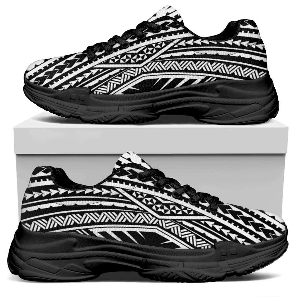 Black And White Maori Tattoo Print Black Chunky Shoes