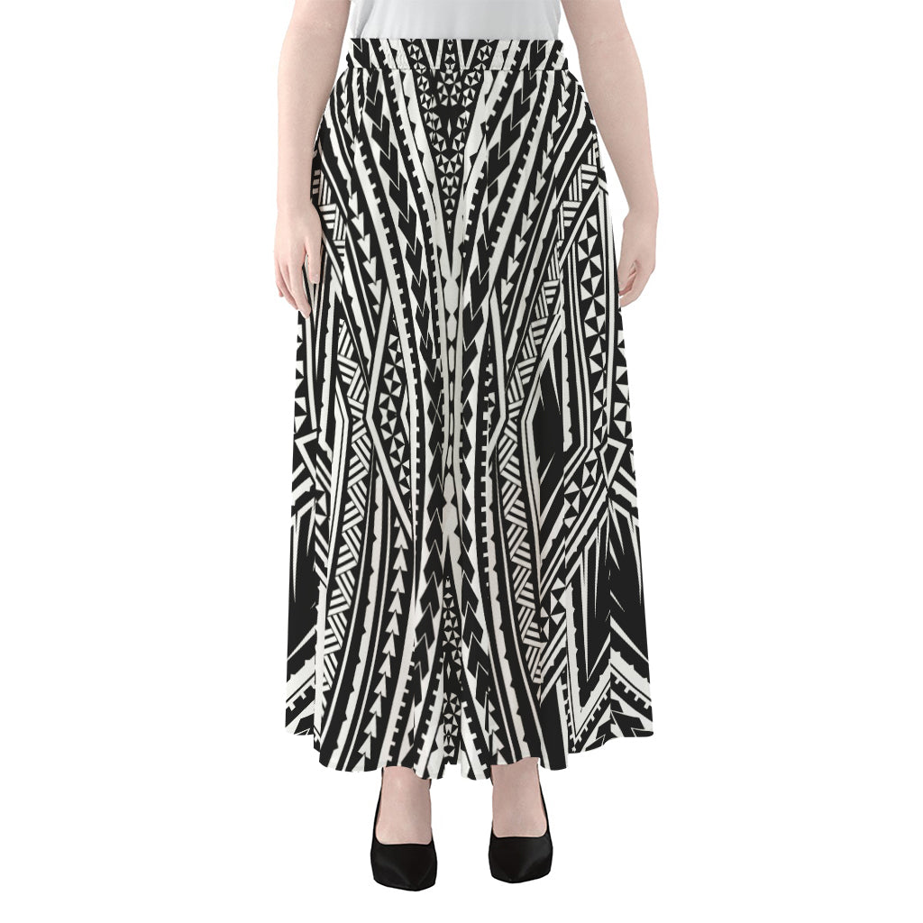 Black And White Maori Tattoo Print Chiffon Maxi Skirt