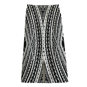 Black And White Maori Tattoo Print Cotton Front Slit Maxi Skirt