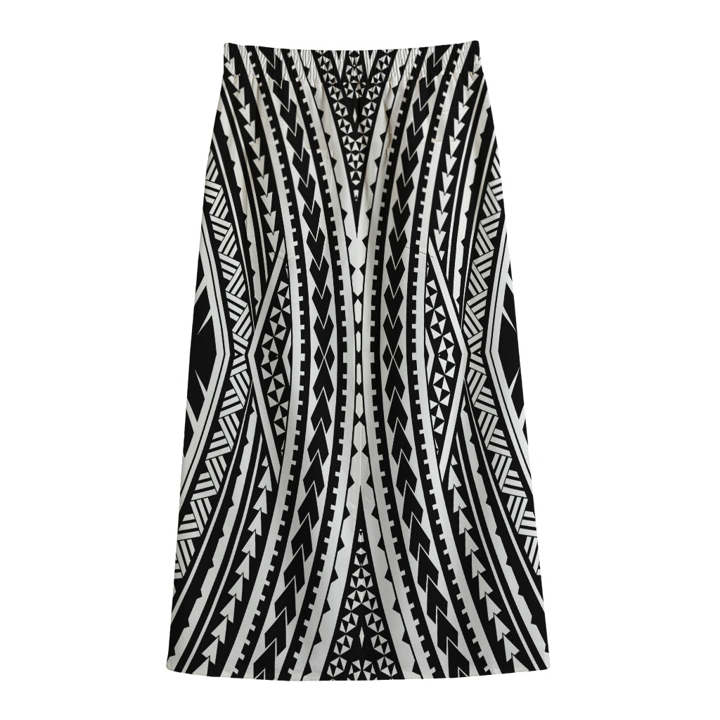 Black And White Maori Tattoo Print Cotton Front Slit Maxi Skirt