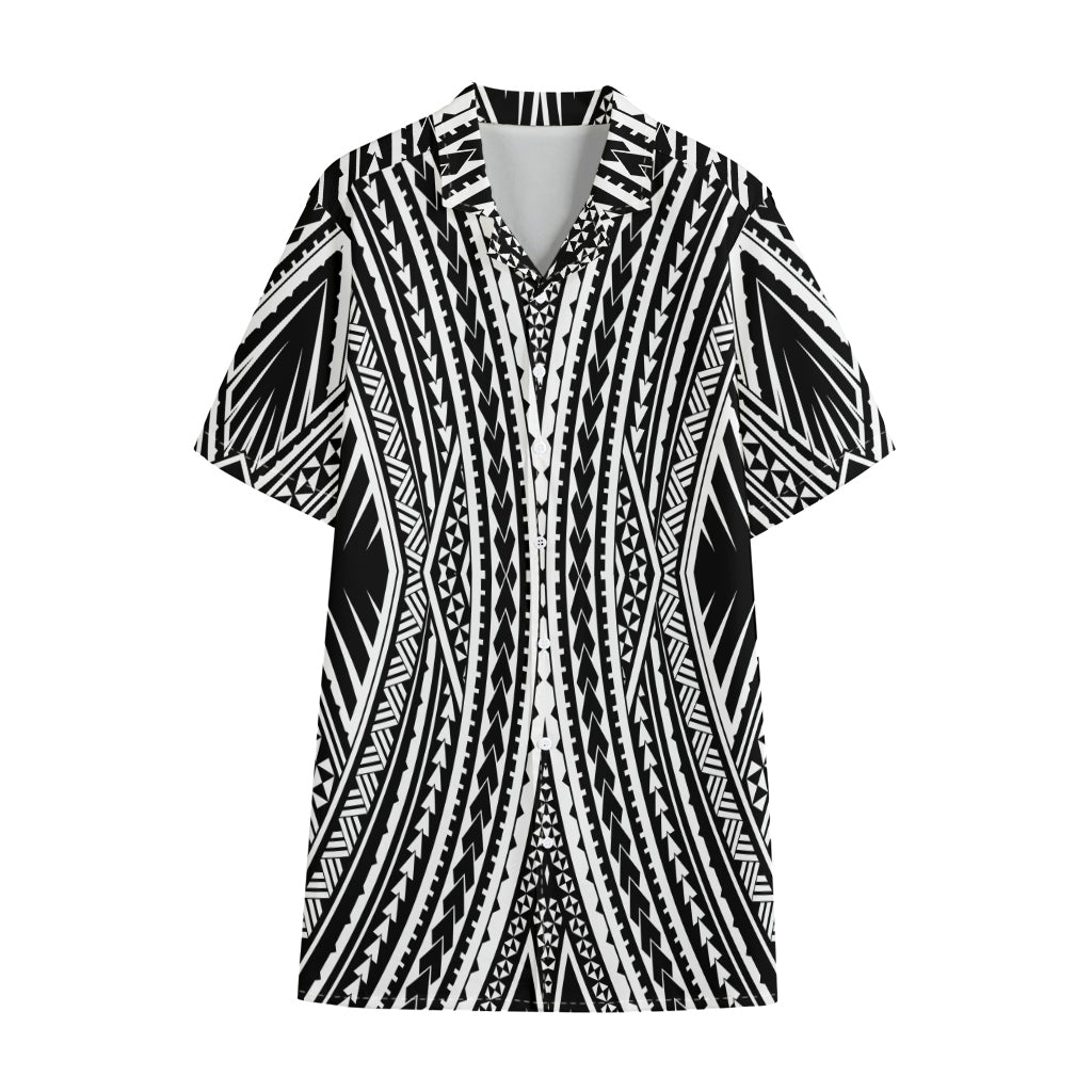 Black And White Maori Tattoo Print Cotton Hawaiian Shirt