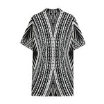 Black And White Maori Tattoo Print Cotton Hawaiian Shirt