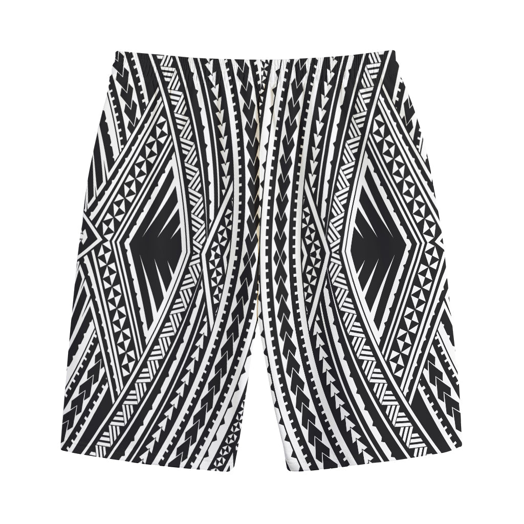 Black And White Maori Tattoo Print Cotton Shorts