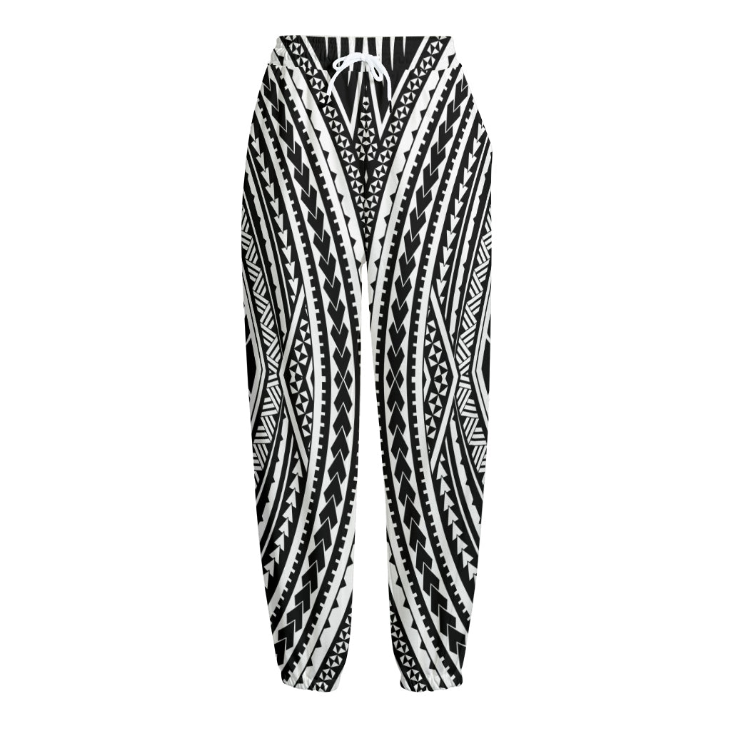 Black And White Maori Tattoo Print Fleece Lined Knit Pants