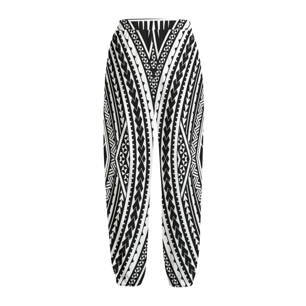 Black And White Maori Tattoo Print Fleece Lined Knit Pants