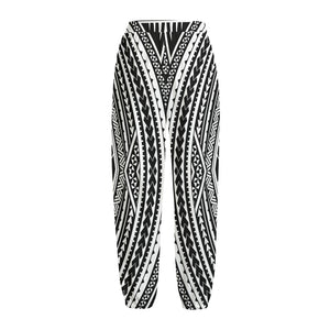 Black And White Maori Tattoo Print Fleece Lined Knit Pants