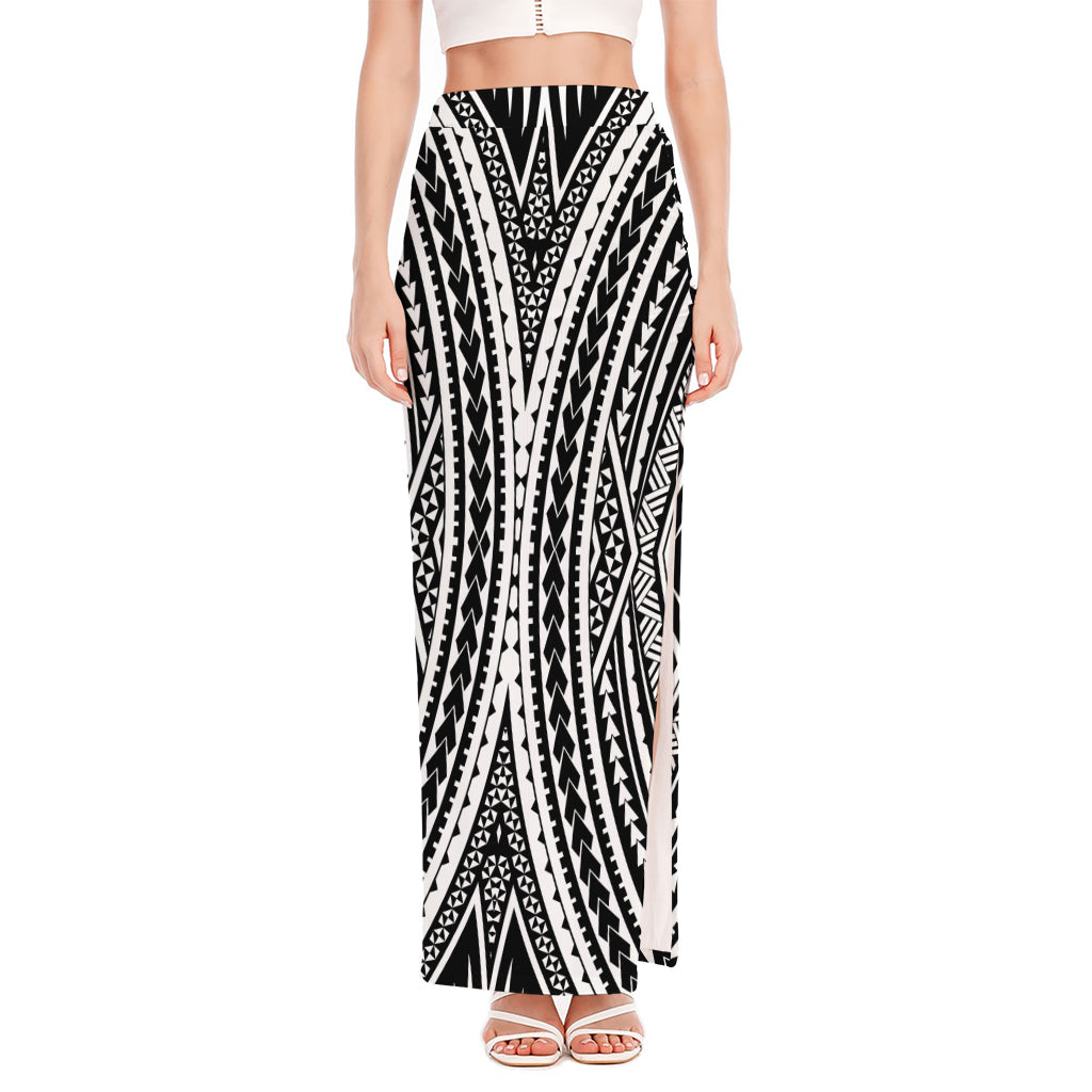 Black And White Maori Tattoo Print High Slit Maxi Skirt