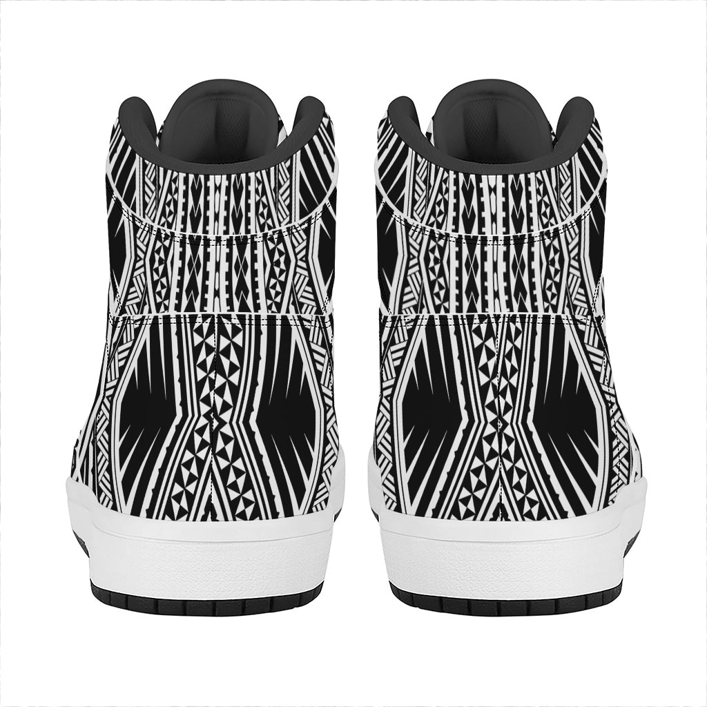 Black And White Maori Tattoo Print High Top Leather Sneakers